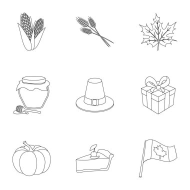 Kanadalı Şükran günü simgeleri anahat stilinde ayarlayın. Kanadalı Şükran günü vektör simge stok çizim büyük toplama