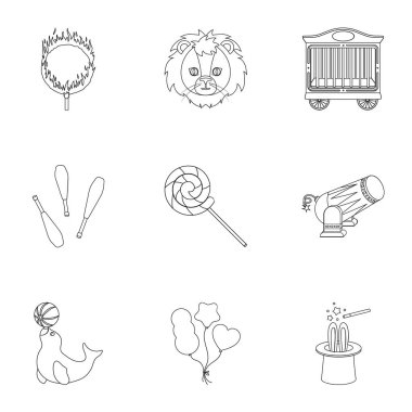 Circus simgelerin anahat stilinde ayarlayın. Sirk vektör simge stok çizim büyük toplama