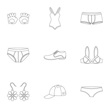 Elbise set simgeleri anahat stilinde. Giysi büyük koleksiyonu sembol stok illüstrasyon vektör