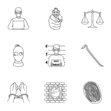 Suç simgeleri anahat stilinde ayarlayın. Suç vektör simge stok çizim büyük toplama