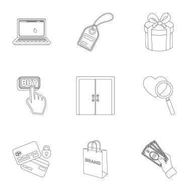 E-ticaret simgeleri anahat stilinde ayarlayın. E-ticaret vektör simge stok çizim büyük toplama