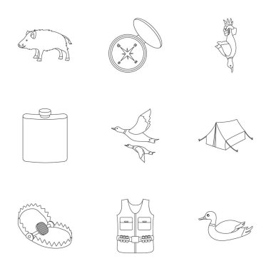 Avcılık simgeleri anahat stilinde ayarlayın. Vektör simge stok illüstrasyon avcılık big toplama