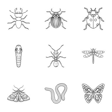 Böcekler simgeleri anahat stilinde ayarlayın. Böcekler büyük toplama sembol stok illüstrasyon vektör