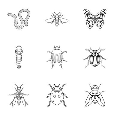 Böcekler simgeleri anahat stilinde ayarlayın. Böcekler büyük toplama sembol stok illüstrasyon vektör