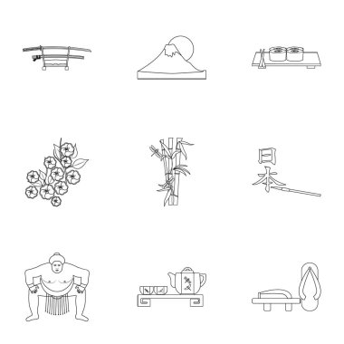 Japonya simgeleri anahat stilinde ayarlayın. Japonya vektör simge stok çizim büyük toplama