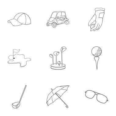 Golf Kulübü set simgeleri anahat stilinde. Golf kulübü vektör simge stok çizim büyük toplama