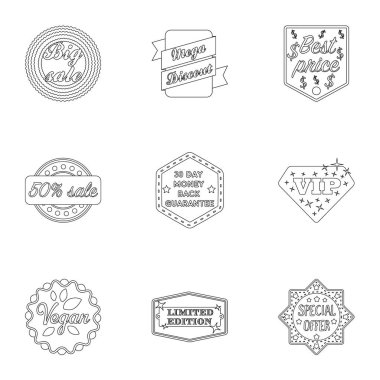 Etiket simgeleri anahat stilinde ayarlayın. Etiket vektör simge stok çizim büyük toplama