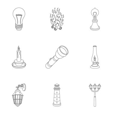 Işık kaynağı simgeleri anahat stilinde ayarlayın. Işık kaynağının vektör simge stok çizim büyük toplama