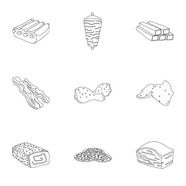 Etler simgeleri anahat stilinde ayarlayın. Etler büyük toplama sembol stok illüstrasyon vektör