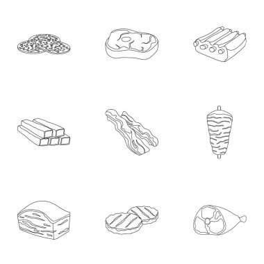 Etler simgeleri anahat stilinde ayarlayın. Etler büyük toplama sembol stok illüstrasyon vektör