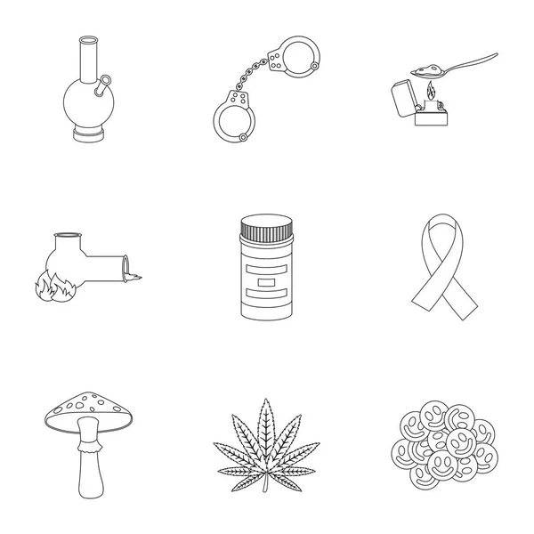 Uyuşturucu simgeleri anahat stilinde ayarlayın. İlaçların büyük koleksiyonu sembol stok illüstrasyon vektör — Stok Vektör
