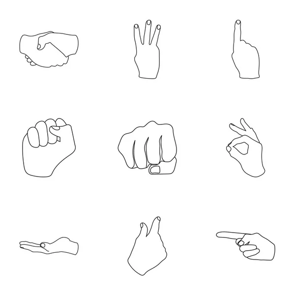 Gesta rukou sada ikon ve stylu osnovy. Velkou sbírku gesta rukou vektorové ilustrace burzovní symbol — Stockový vektor