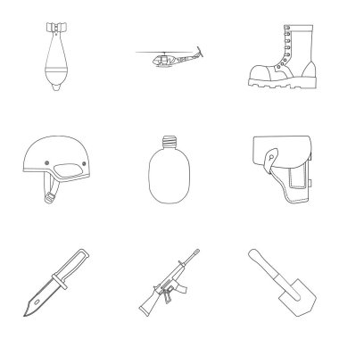 Askeri ve ordu simgeleri anahat stilinde ayarlayın. Askeri büyük toplama ve ordu sembol stok illüstrasyon vektör