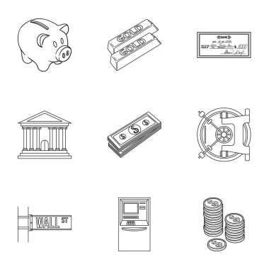 Para ve Finans simgeleri anahat stilinde ayarlayın. Para ve Finans vektör simge stok illüstrasyon büyük toplama