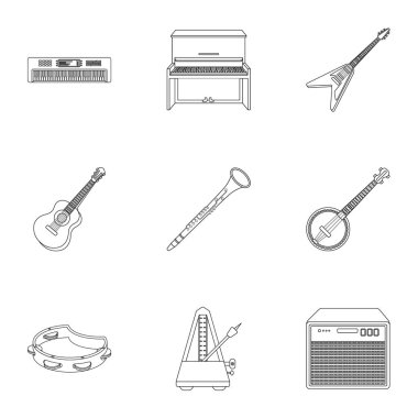 Müzik aletleri simgeleri anahat stilinde ayarlayın. Büyük müzik aletleri koleksiyonu sembol stok illüstrasyon vektör