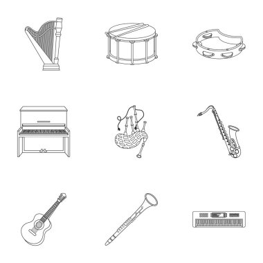 Müzik aletleri simgeleri anahat stilinde ayarlayın. Büyük müzik aletleri koleksiyonu sembol stok illüstrasyon vektör