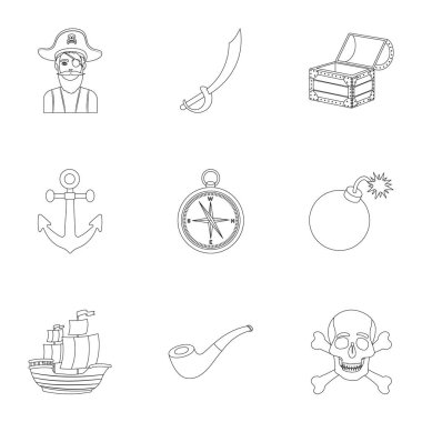 Korsanlar simgeleri anahat stilinde ayarlayın. Korsanlar büyük toplama sembol stok illüstrasyon vektör