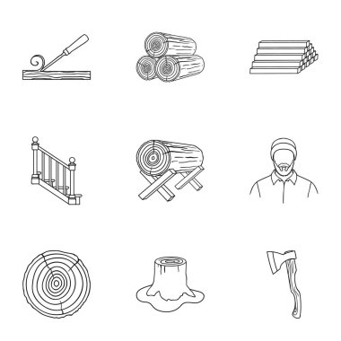 Sawmil ve kereste simgeleri anahat stilinde ayarlayın. Kereste ve ahşap vektör simge stok illüstrasyon büyük toplama