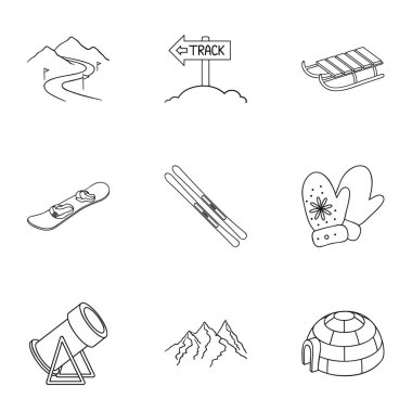 Kayak Merkezi set simgeleri anahat stilinde. Ski resort vektör simge stok çizim büyük toplama