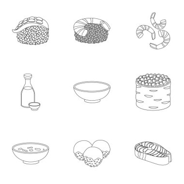 Sushi set simgeleri anahat stilinde. Suşi vektör simge stok çizim büyük toplama