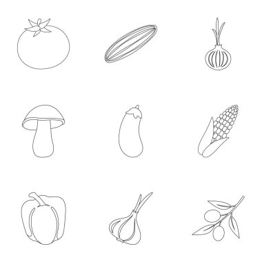 Sebze simgeleri anahat stilinde ayarlayın. Sebzeler büyük toplama sembol stok illüstrasyon vektör