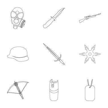 Silah simgeleri anahat stilinde ayarlayın. Silah vektör simge stok çizim büyük toplama