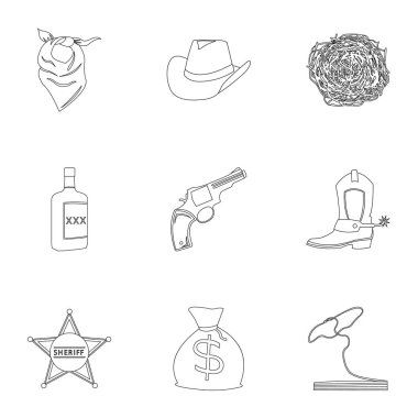 Vahşi Batı simgeleri anahat stilinde ayarlayın. Vahşi Batı vektör simge stok çizim büyük toplama