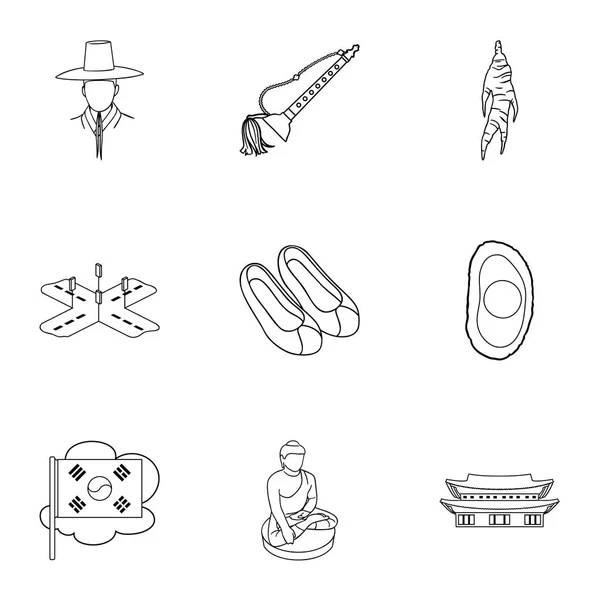 Corée du Sud mis icônes dans le style de contour. Grande collection de symbole vectoriel Corée du Sud illustration de stock — Image vectorielle