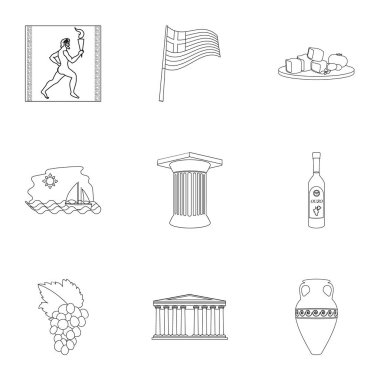 Yunanistan simgeleri anahat stilinde ayarlayın. Yunanistan vektör simge stok çizim büyük toplama