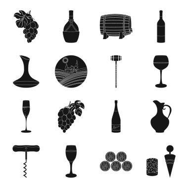 Şarap üretimi simgeler siyah tarzında ayarlayın. Şarap üretimi vektör simge stok çizim büyük toplama