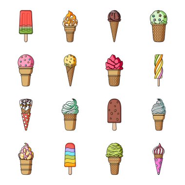 Dondurma karikatür tarzı simgeleri ayarlayın. Dondurma vektör simge stok çizim büyük toplama