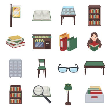 Kütüphane ve kitabevi çizgi film tarzı simgeleri ayarlayın. Kütüphane ve kitabevi vektör simge stok illüstrasyon büyük toplama
