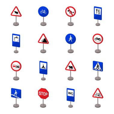 Yol işaretleri, karikatür tarzı simgeleri ayarlayın. Yol işaretleri büyük toplama sembol stok illüstrasyon vektör