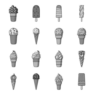 Dondurma, tek renkli bir tarzda Icons set. Dondurma vektör simge stok çizim büyük toplama