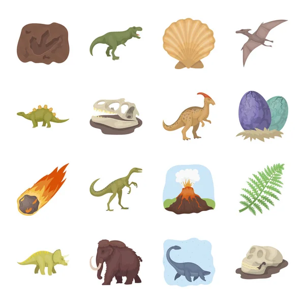 Dinosaurios e iconos prehistóricos establecidos en estilo de dibujos animados. Gran colección de dinosaurios y vectores prehistóricos símbolo stock ilustración — Vector de stock