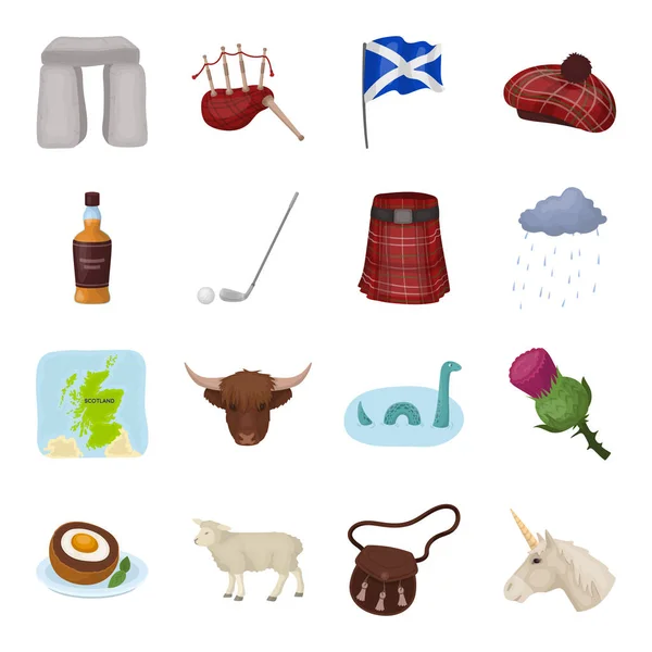 Escocia país establecer iconos en el estilo de dibujos animados. Gran colección de Escocia país vector símbolo stock ilustración — Vector de stock