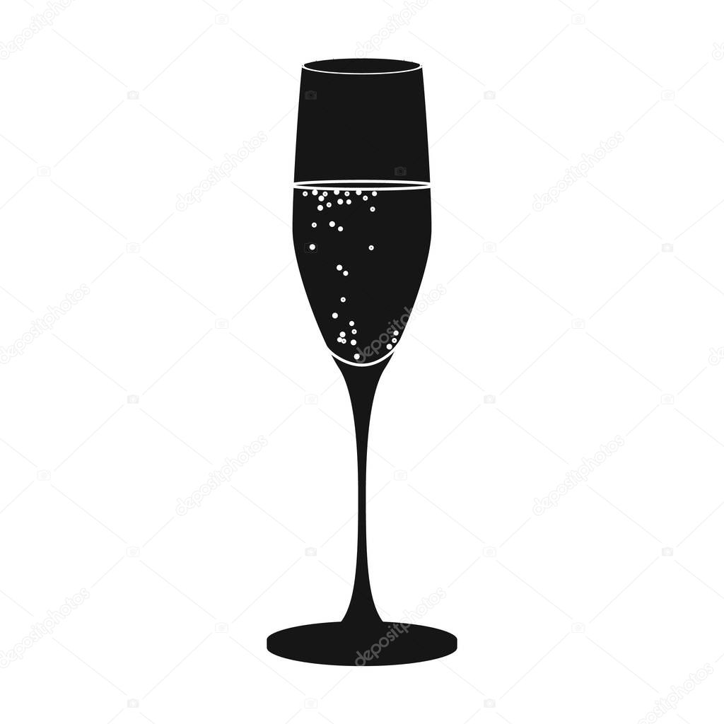 Glass of champagne icon in black design isolated on white background. Wine production symbol stock vector illustration.