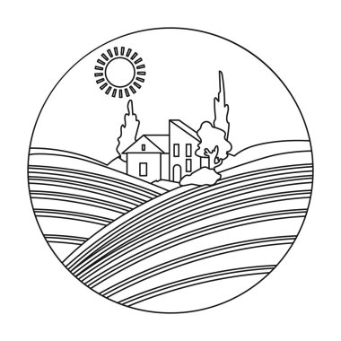 Beyaz arka plan üzerinde izole anahat tarzı bağ simgesiyle lodge. Şarap üretimi sembol stok vektör çizim.