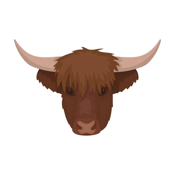 Icono de cabeza de ganado de las tierras altas en estilo de dibujos animados aislado sobre fondo blanco. Escocia país símbolo stock vector ilustración . — Vector de stock