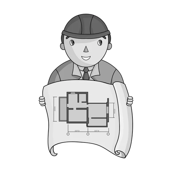 Architectz met technische tekening pictogram in zwart-wit stijl geïsoleerd op een witte achtergrond. Architect symbool voorraad vectorillustratie. — Stockvector