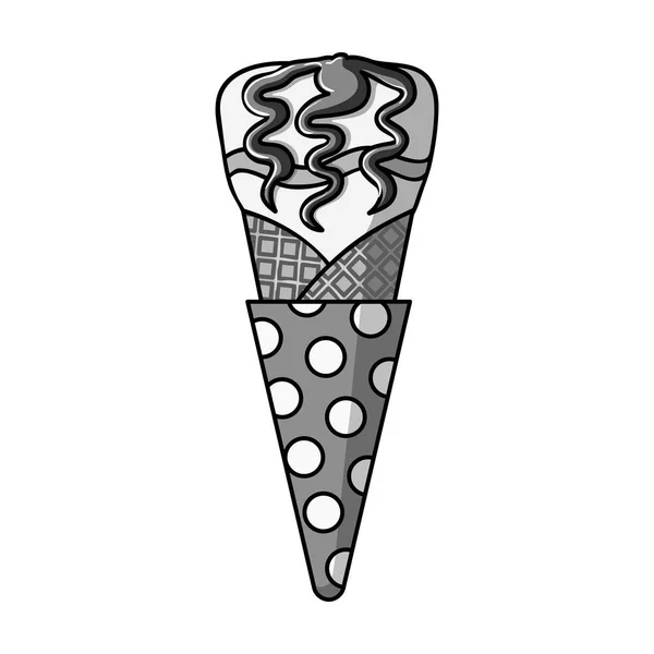 Ice cream in wafel kegel pictogram in zwart-wit stijl geïsoleerd op een witte achtergrond. Ijs symbool voorraad vectorillustratie. — Stockvector