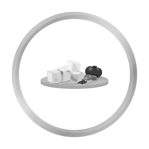 Feta au fromage en dés avec tomates et olives sur l'icône de la planche à découper dans un style monochrome isolé sur fond blanc. Grèce symbole illustration vectorielle de stock . — Image vectorielle