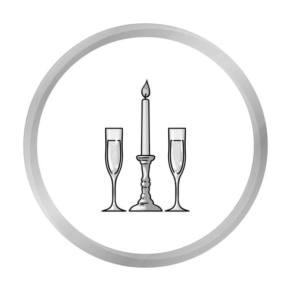 Candle between glasses with champagne icon in monochrome style isolated on white background. Restaurant symbol stock vector illustration. — Stock Vector