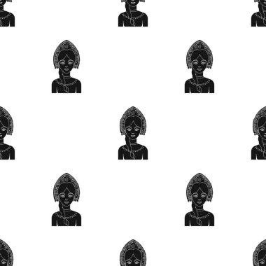 Rus kadın geleneksel takım elbise simge siyah stil beyaz arka plan üzerinde izole içinde. Rus ülke desen hisse senedi vektör çizim.