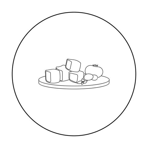 Nakrájený sýr feta s rajčaty a olivami na ikonu řezací deska ve stylu osnovy izolovaných na bílém pozadí. Řecko symbol akcií vektorové ilustrace. — Stockový vektor