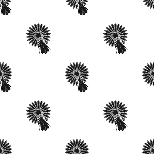 Lebah pada ikon bunga dengan gaya hitam terisolasi pada latar belakang putih. Ilustrasi vektor pola stok lampiran - Stok Vektor