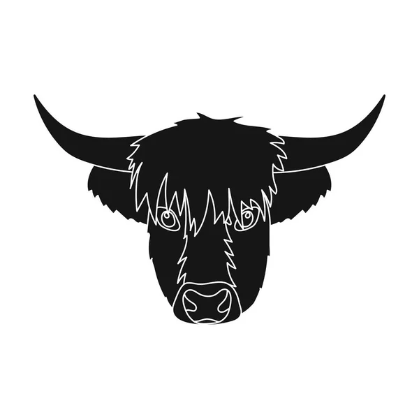 Highland cattle hoofd pictogram in zwarte stijl geïsoleerd op een witte achtergrond. Schotland land symbool voorraad vectorillustratie. — Stockvector