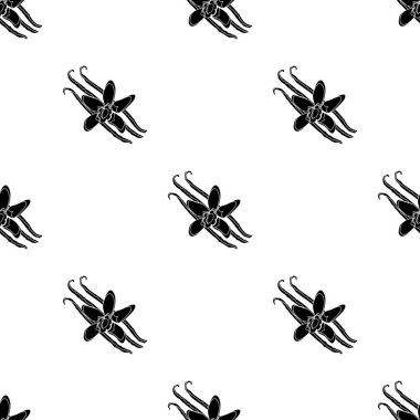 Vanilya simge siyah stil beyaz arka plan üzerinde izole içinde. Herb bir baharat desen hisse senedi vektör çizim.