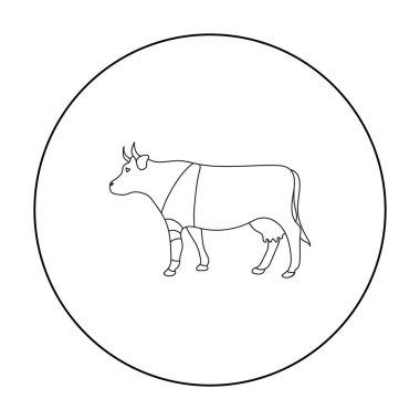 Bir bacak simgesi beyaz arka plan üzerinde izole anahat tarzı bandaj ile hasta inek. Hayvan hastalıklarıyla ilgili klinik sembol stok vektör çizim.