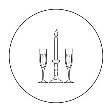 Gözlük şampanya simgesi beyaz arka plan üzerinde izole anahat tarzı ile arasında mum. Restoran sembol stok vektör çizim.